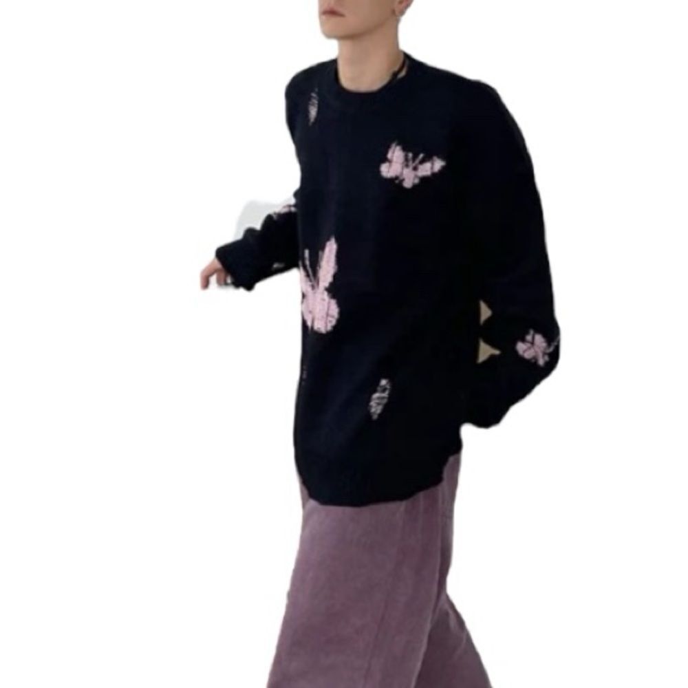 Santo Black Knit Sweater with Pink Butterfly and Distressed Design Size M - Picture 7 of 8